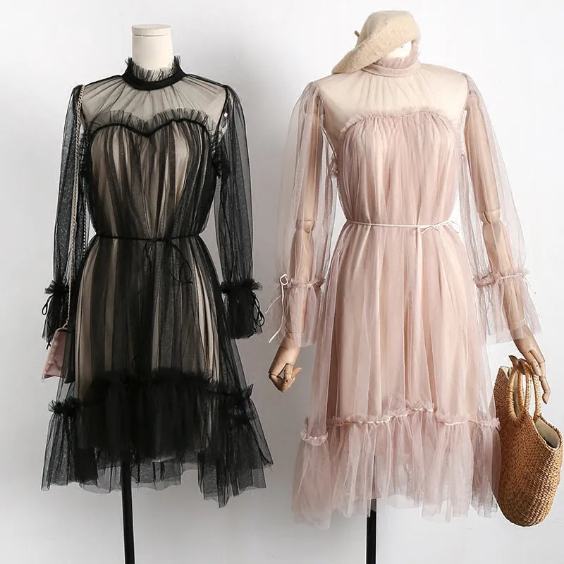 VenusFox Womens Elegant Sweet Mesh Trimmed with Lace Sheer Sexy Party Dresses