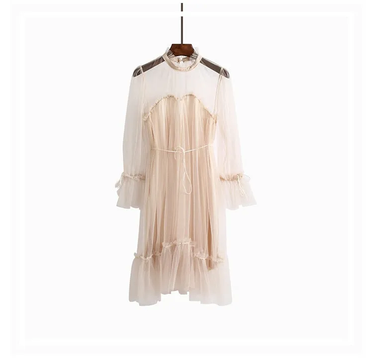 VenusFox Womens Elegant Sweet Mesh Trimmed with Lace Sheer Sexy Party Dresses