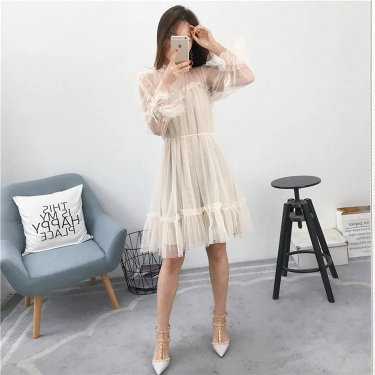 VenusFox Womens Elegant Sweet Mesh Trimmed with Lace Sheer Sexy Party Dresses