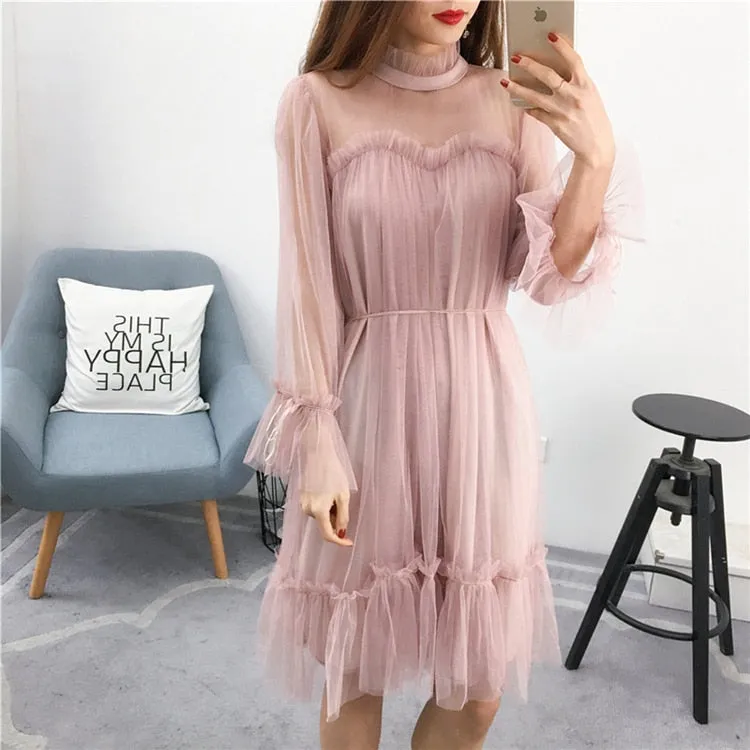 VenusFox Womens Elegant Sweet Mesh Trimmed with Lace Sheer Sexy Party Dresses