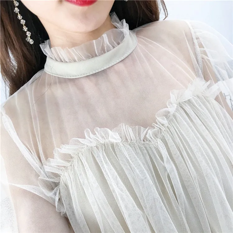VenusFox Womens Elegant Sweet Mesh Trimmed with Lace Sheer Sexy Party Dresses