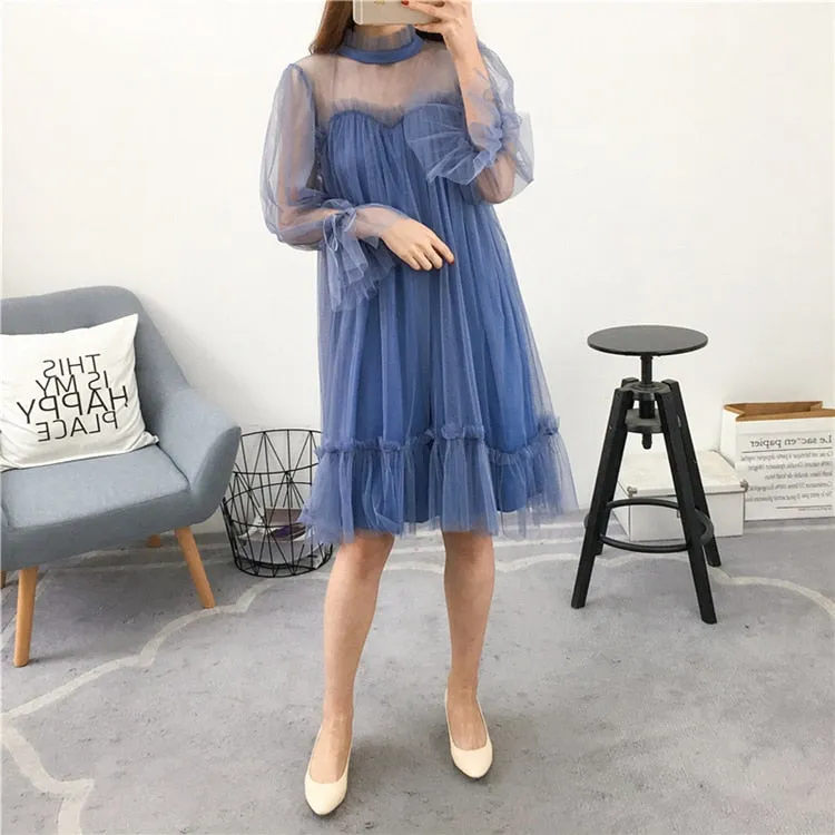 VenusFox Womens Elegant Sweet Mesh Trimmed with Lace Sheer Sexy Party Dresses