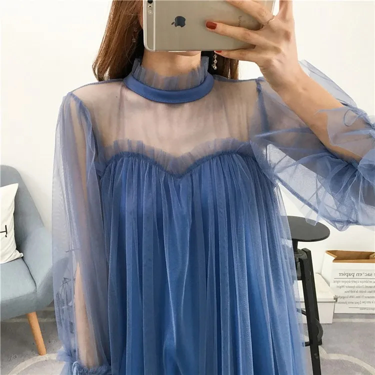 VenusFox Womens Elegant Sweet Mesh Trimmed with Lace Sheer Sexy Party Dresses