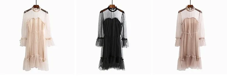 VenusFox Womens Elegant Sweet Mesh Trimmed with Lace Sheer Sexy Party Dresses