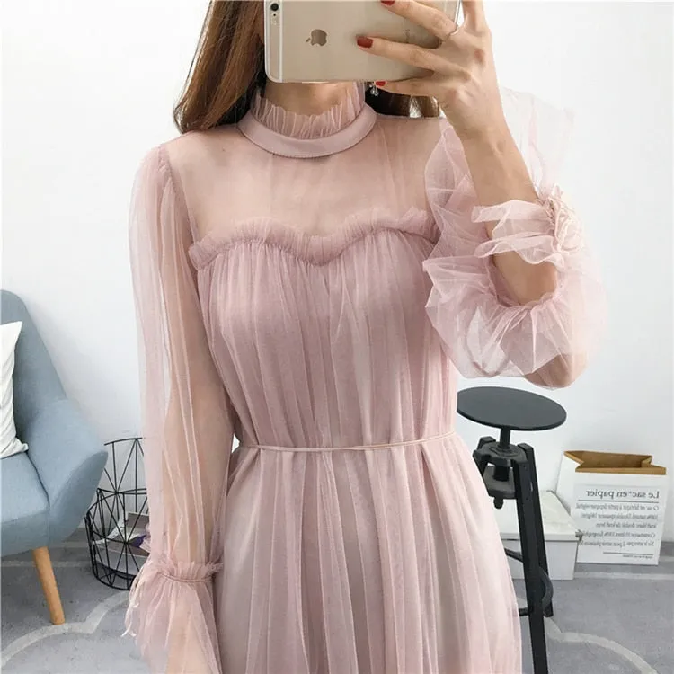 VenusFox Womens Elegant Sweet Mesh Trimmed with Lace Sheer Sexy Party Dresses