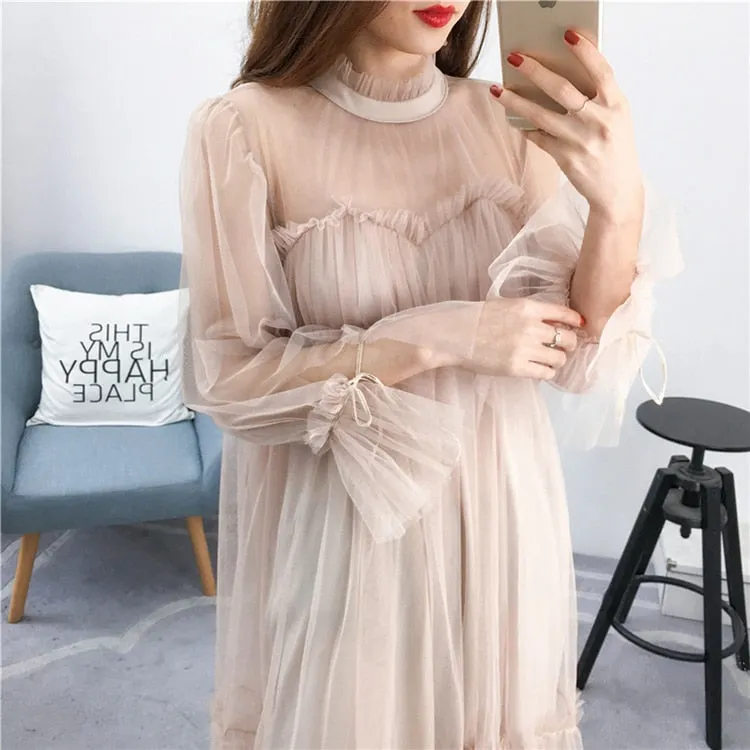 VenusFox Womens Elegant Sweet Mesh Trimmed with Lace Sheer Sexy Party Dresses
