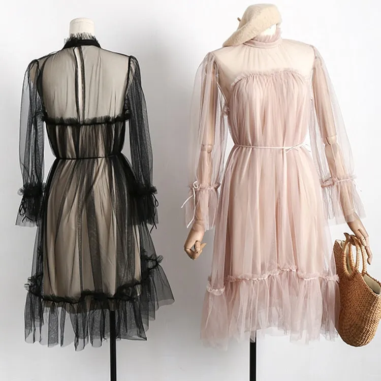 VenusFox Womens Elegant Sweet Mesh Trimmed with Lace Sheer Sexy Party Dresses