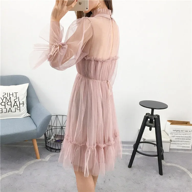 VenusFox Womens Elegant Sweet Mesh Trimmed with Lace Sheer Sexy Party Dresses