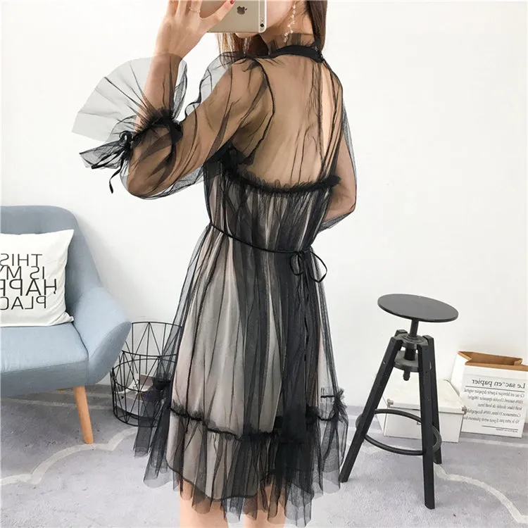 VenusFox Womens Elegant Sweet Mesh Trimmed with Lace Sheer Sexy Party Dresses