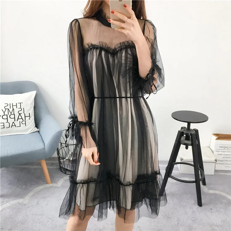 VenusFox Womens Elegant Sweet Mesh Trimmed with Lace Sheer Sexy Party Dresses