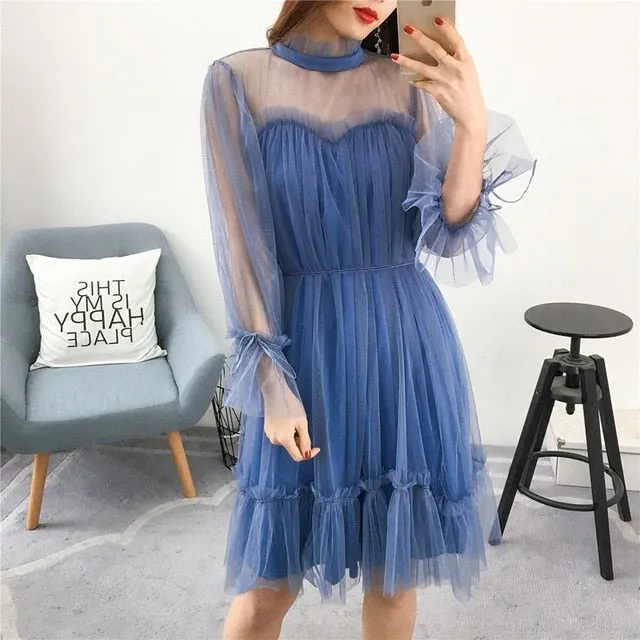 VenusFox Womens Elegant Sweet Mesh Trimmed with Lace Sheer Sexy Party Dresses