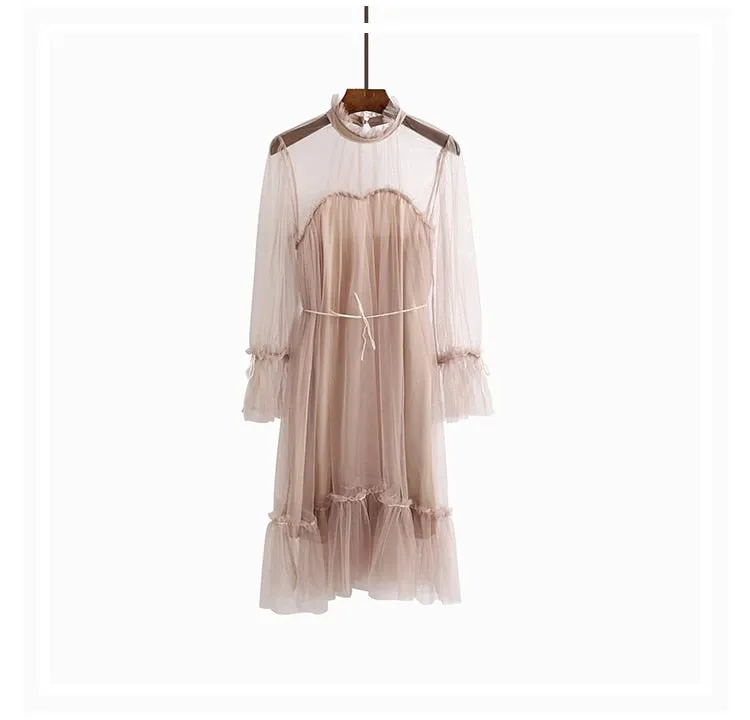 VenusFox Womens Elegant Sweet Mesh Trimmed with Lace Sheer Sexy Party Dresses