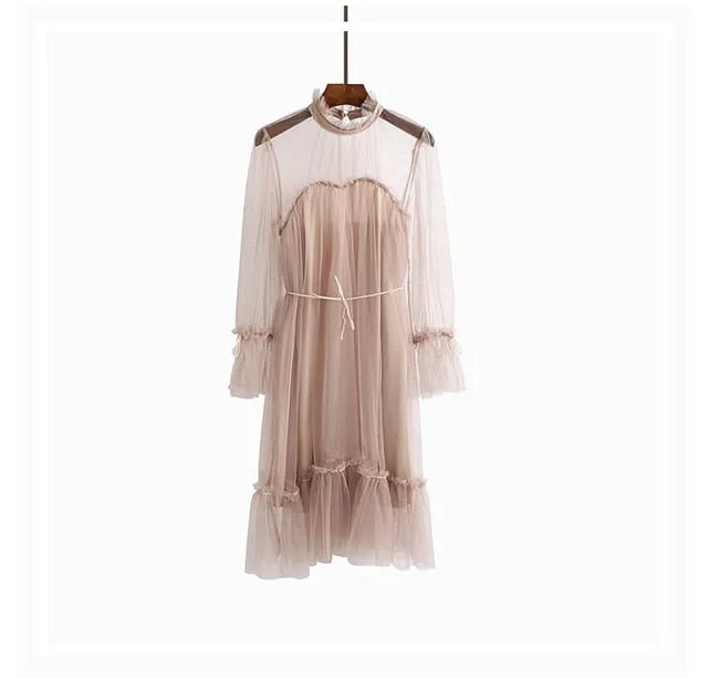 VenusFox Womens Elegant Sweet Mesh Trimmed with Lace Sheer Sexy Party Dresses