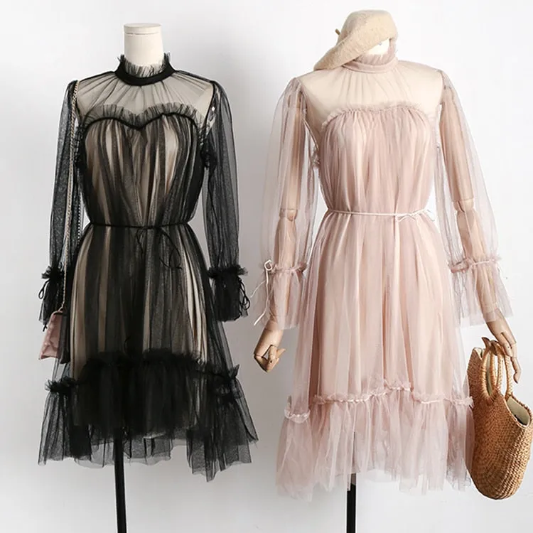 VenusFox Womens Elegant Sweet Mesh Trimmed with Lace Sheer Sexy Party Dresses