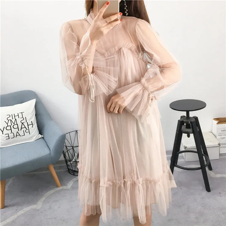 VenusFox Womens Elegant Sweet Mesh Trimmed with Lace Sheer Sexy Party Dresses
