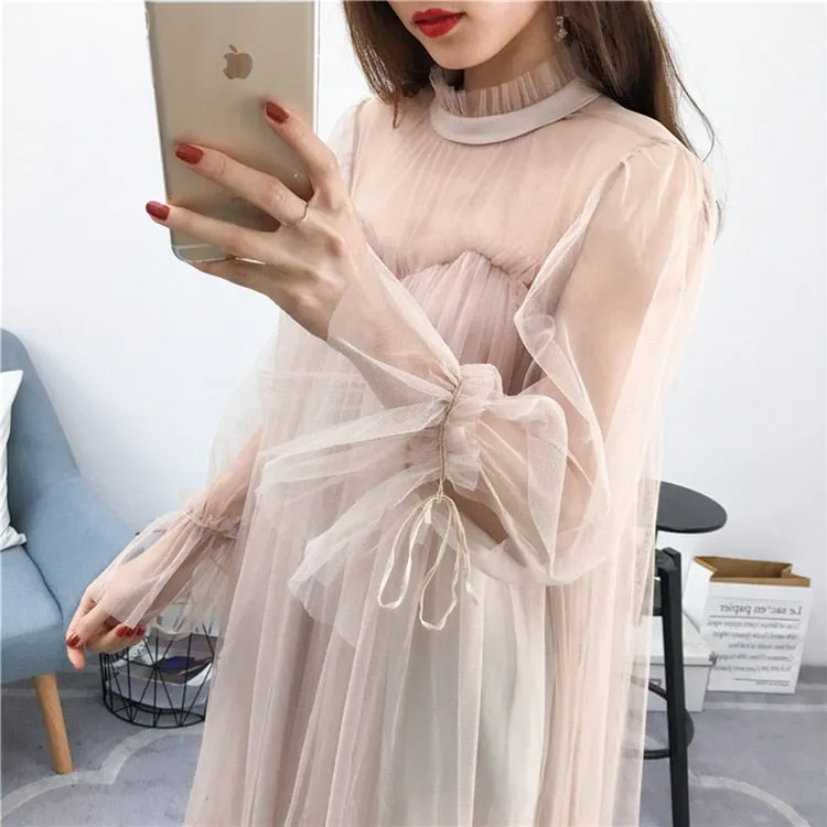 VenusFox Womens Elegant Sweet Mesh Trimmed with Lace Sheer Sexy Party Dresses