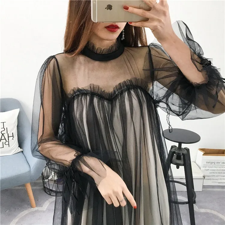 VenusFox Womens Elegant Sweet Mesh Trimmed with Lace Sheer Sexy Party Dresses