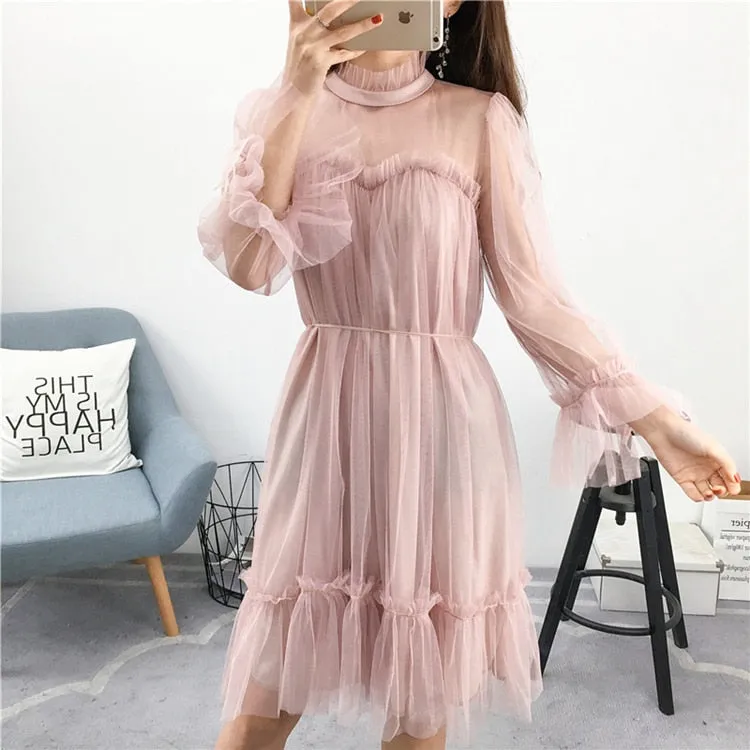 VenusFox Womens Elegant Sweet Mesh Trimmed with Lace Sheer Sexy Party Dresses