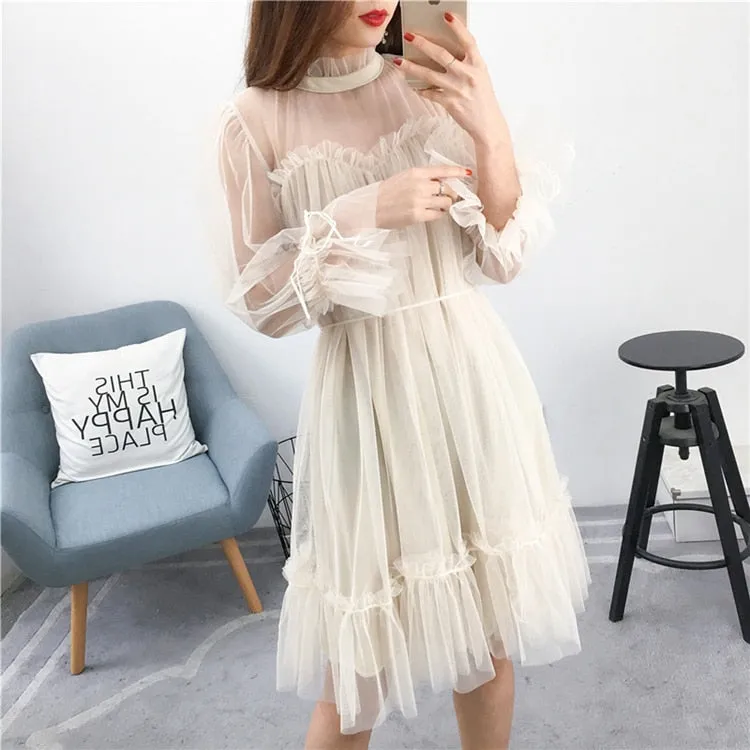 VenusFox Womens Elegant Sweet Mesh Trimmed with Lace Sheer Sexy Party Dresses