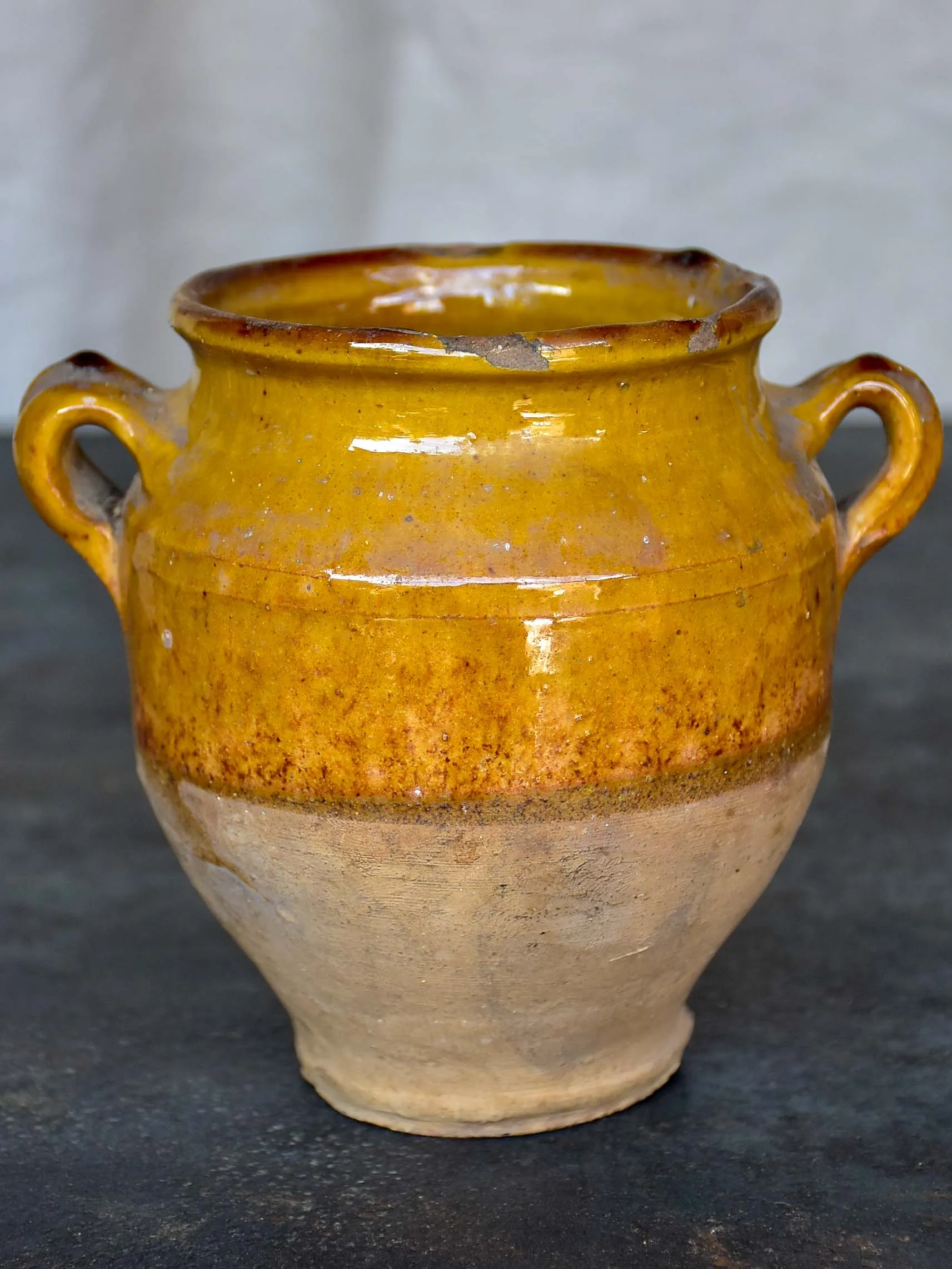 Very small antique French confit pot with yellow glaze 5 ¾''