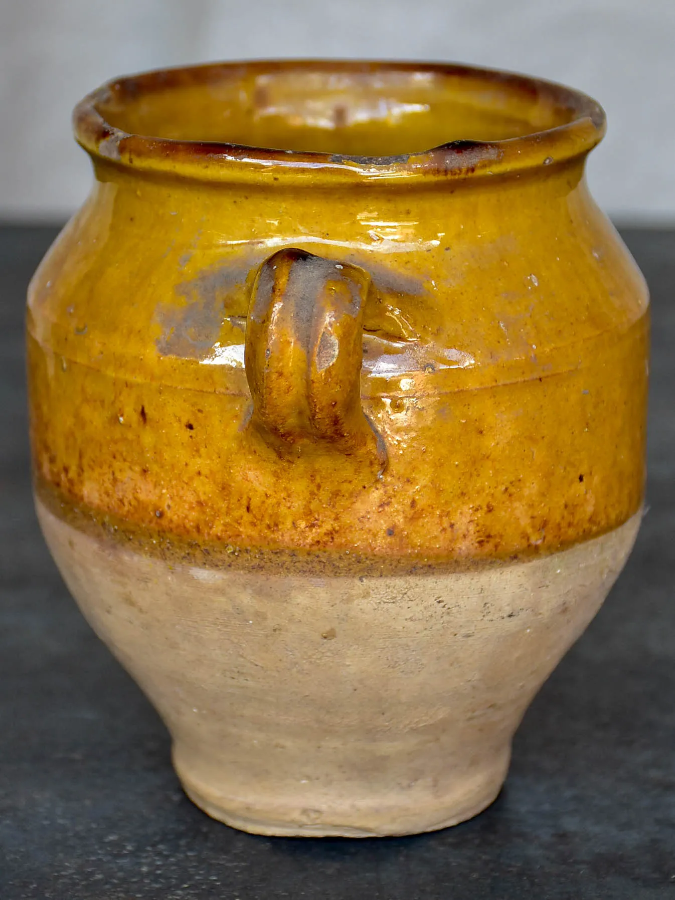 Very small antique French confit pot with yellow glaze 5 ¾''
