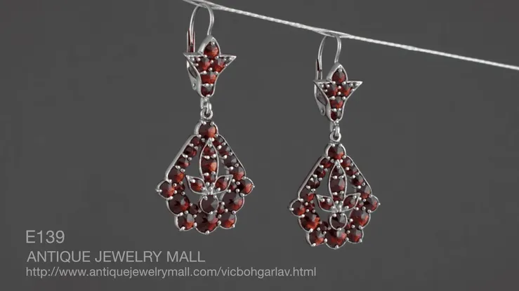 Victorian Bohemian Garnet Leaf Drop Earrings in Antiqued Sterling Silver