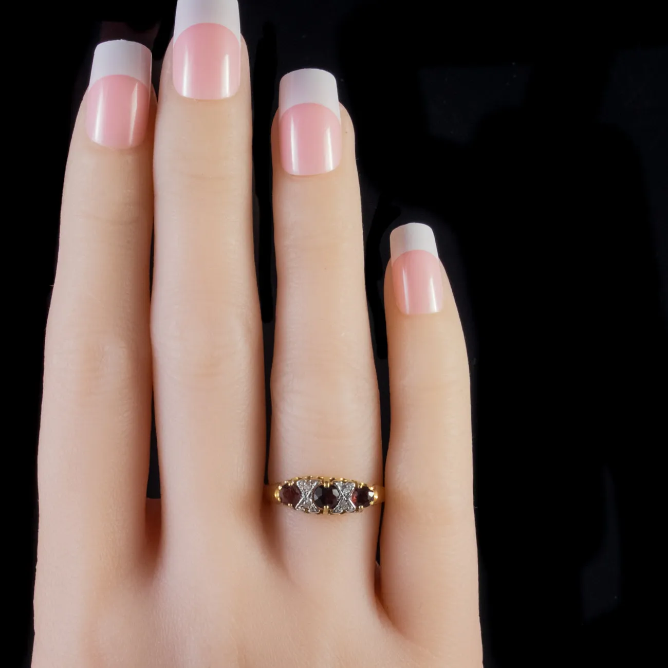 Victorian Style Garnet Paste Trilogy Ring 18Ct Gold Silver