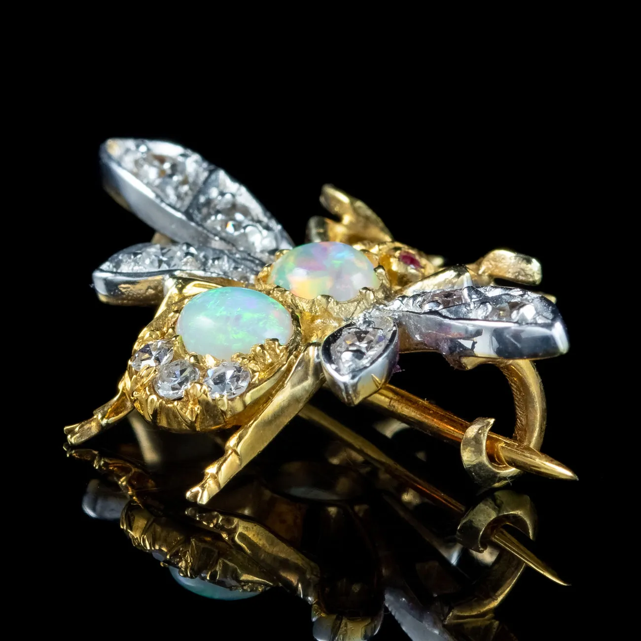 Victorian Style Opal Diamond Bee Brooch 18ct Gold