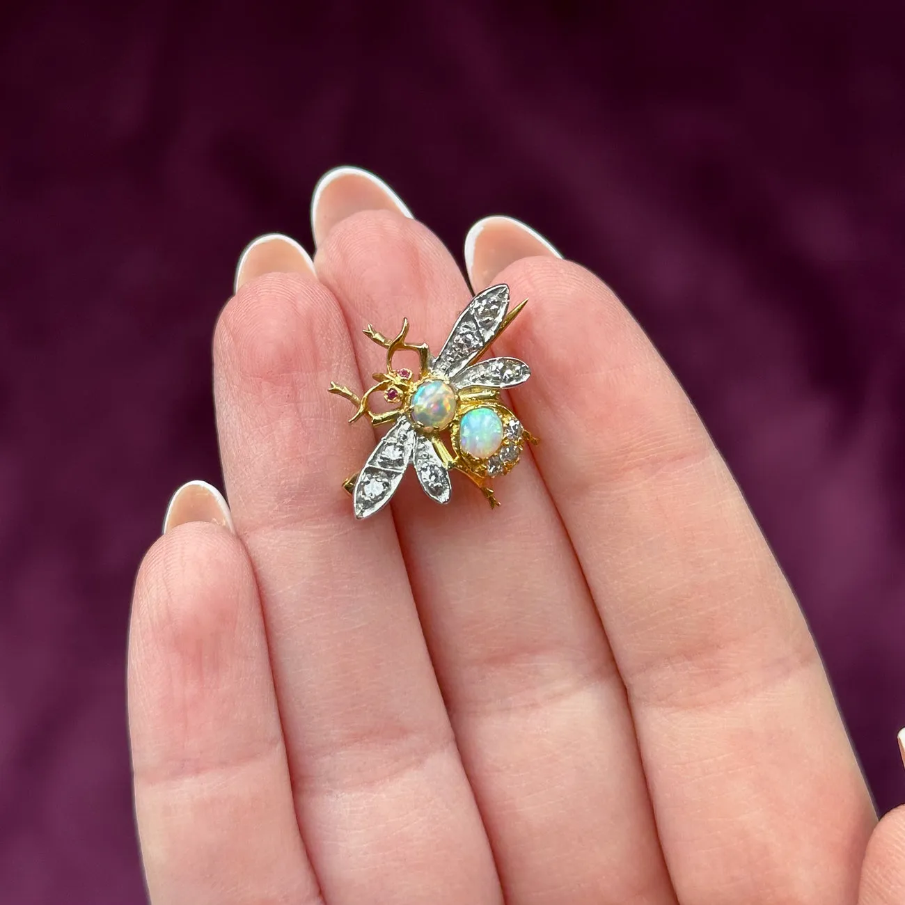 Victorian Style Opal Diamond Bee Brooch 18ct Gold