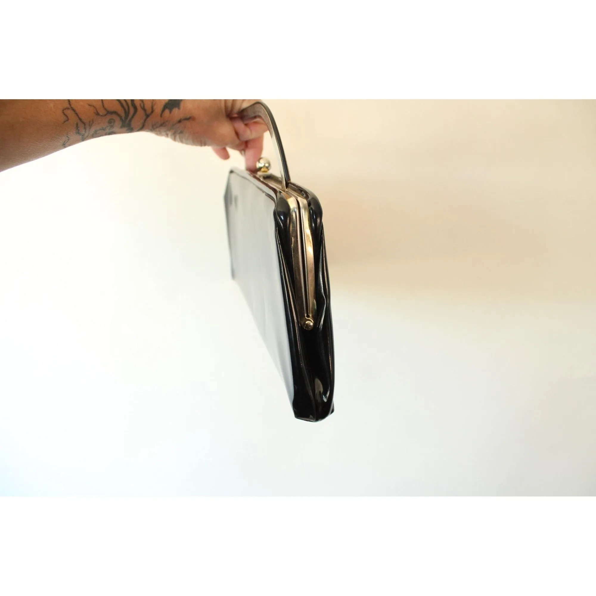 Vintage 1950s 1960s Black Patent Leather Clutch Handbag