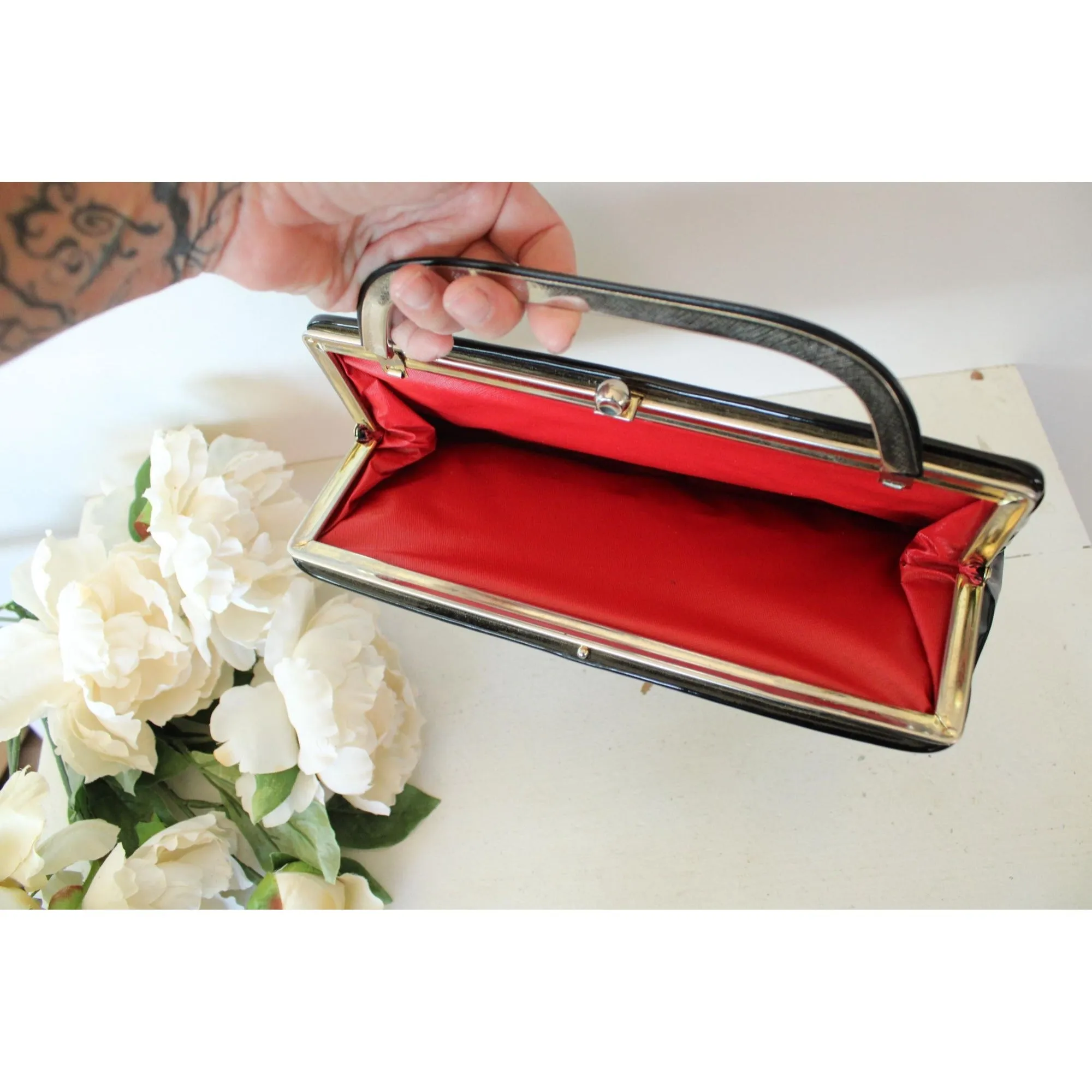 Vintage 1950s 1960s Black Patent Leather Clutch Handbag