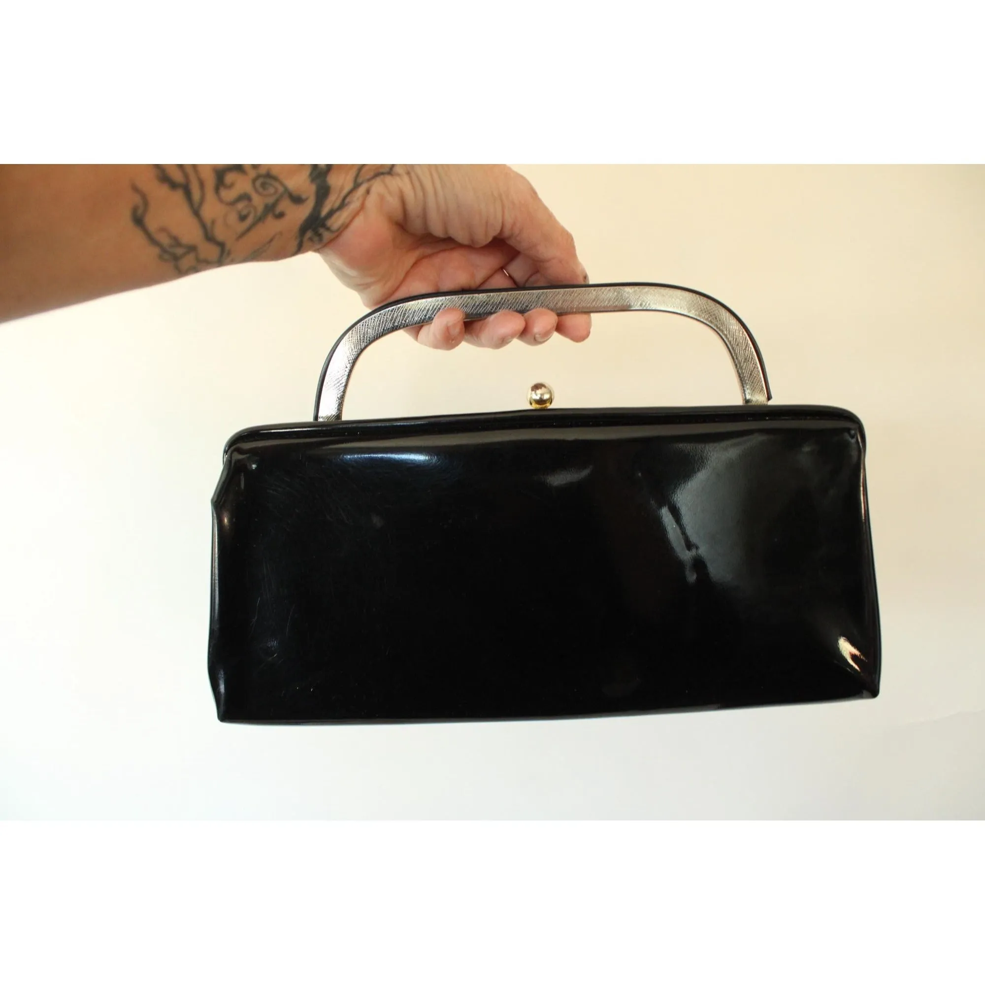 Vintage 1950s 1960s Black Patent Leather Clutch Handbag