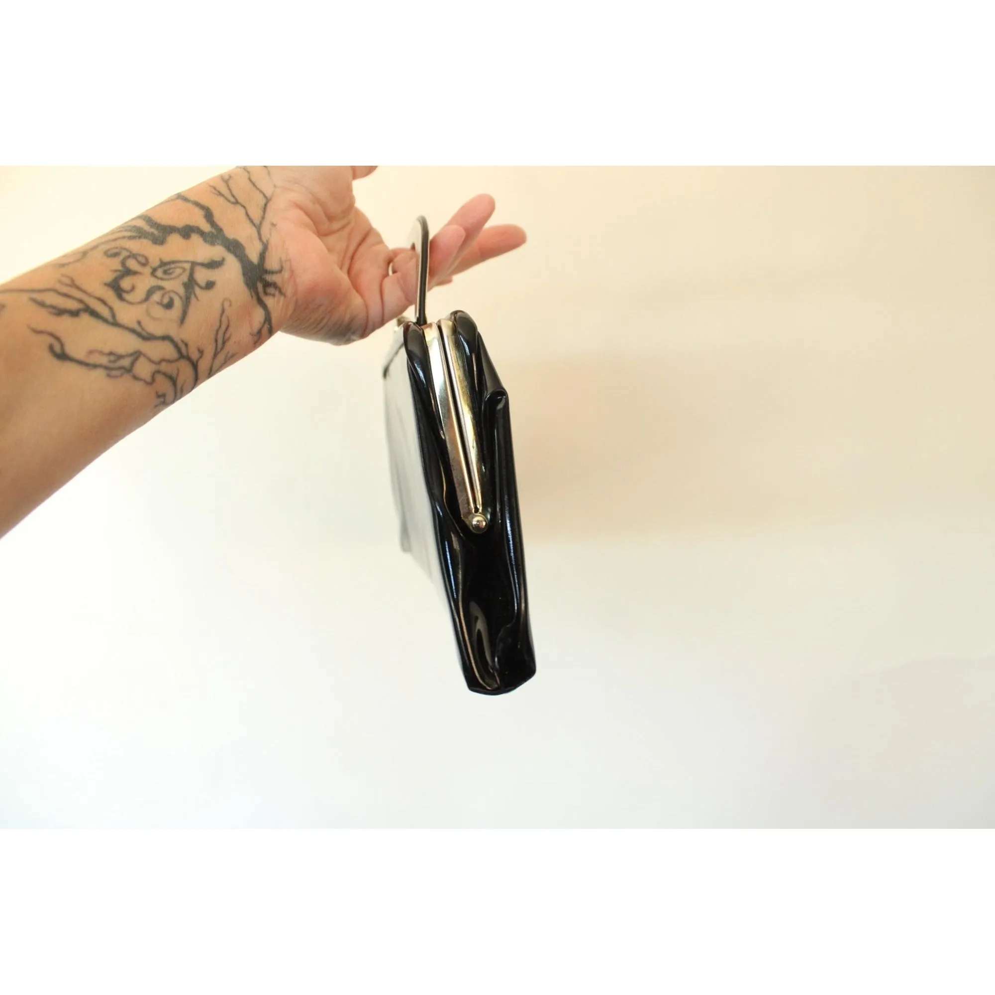 Vintage 1950s 1960s Black Patent Leather Clutch Handbag