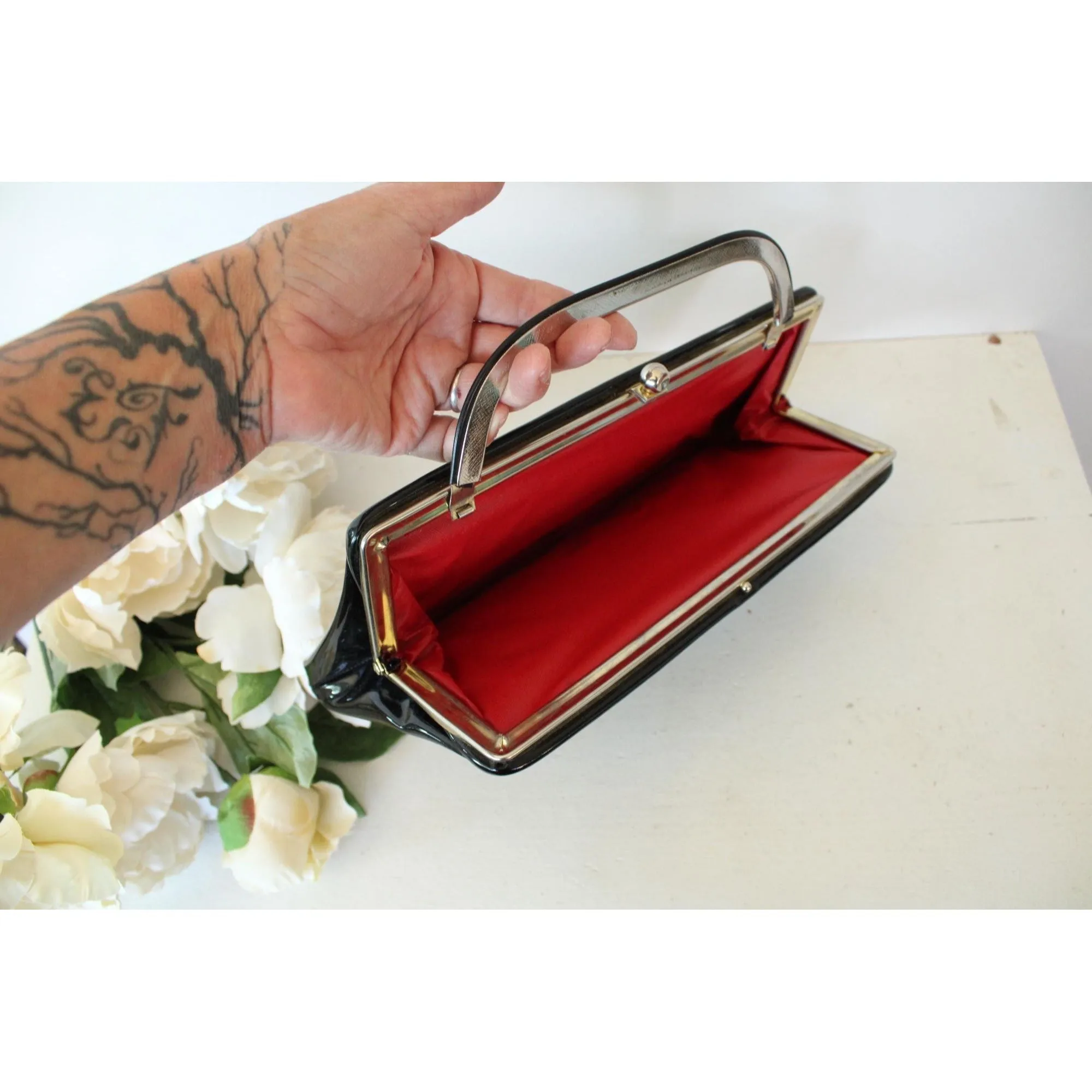 Vintage 1950s 1960s Black Patent Leather Clutch Handbag