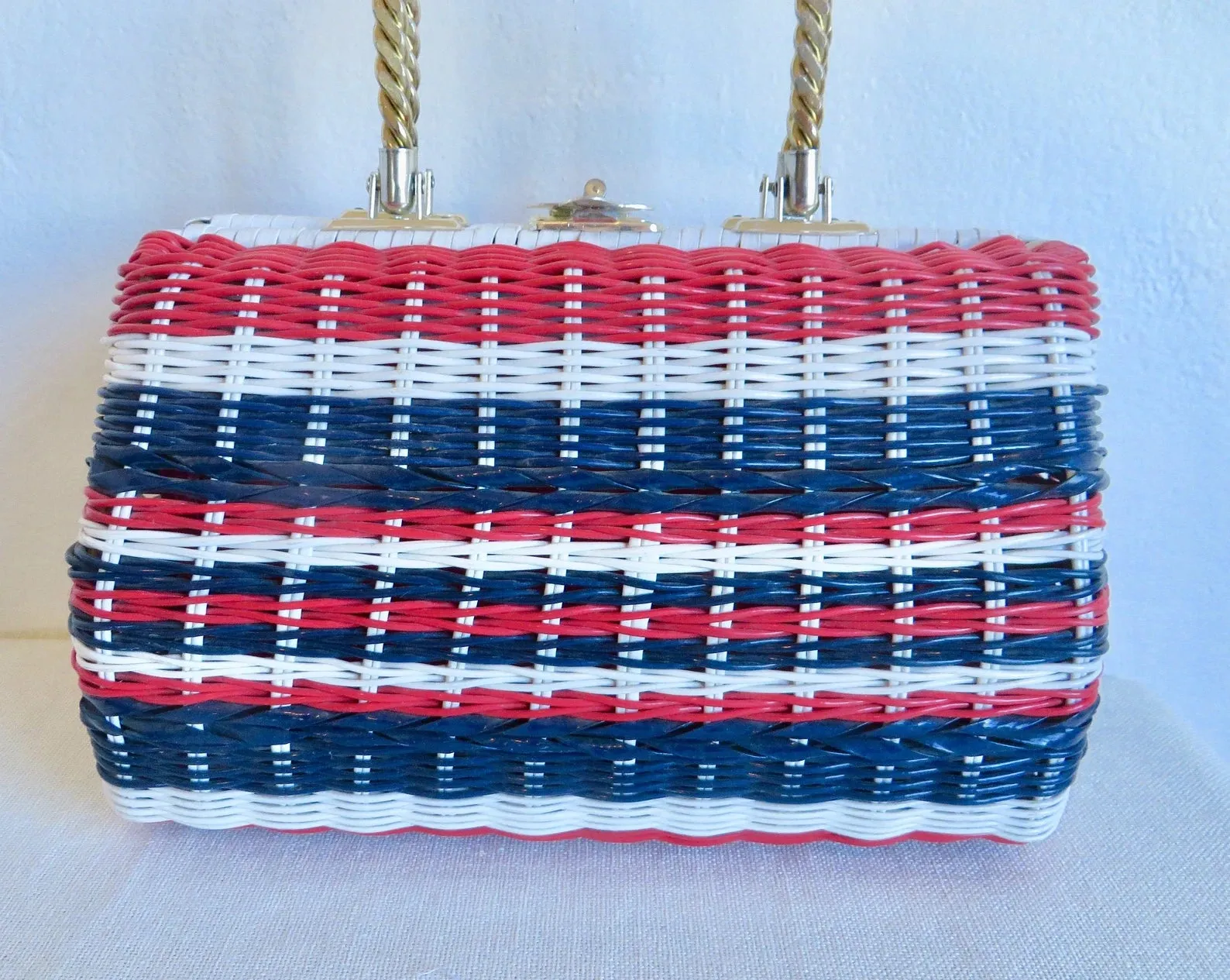 VINTAGE 1960's LARGE RED, WHITE & BLUE "WOVEN" WICKER PURSE