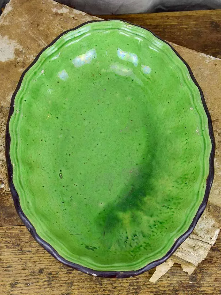 Vintage Dieulefit oval platter with green glaze