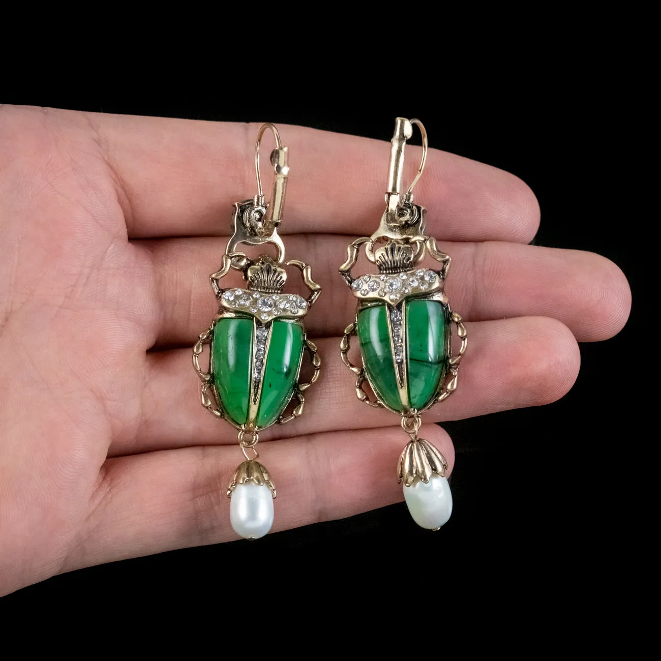 Vintage Egyptian Revival Scarab Drop Earrings Pearl Droppers