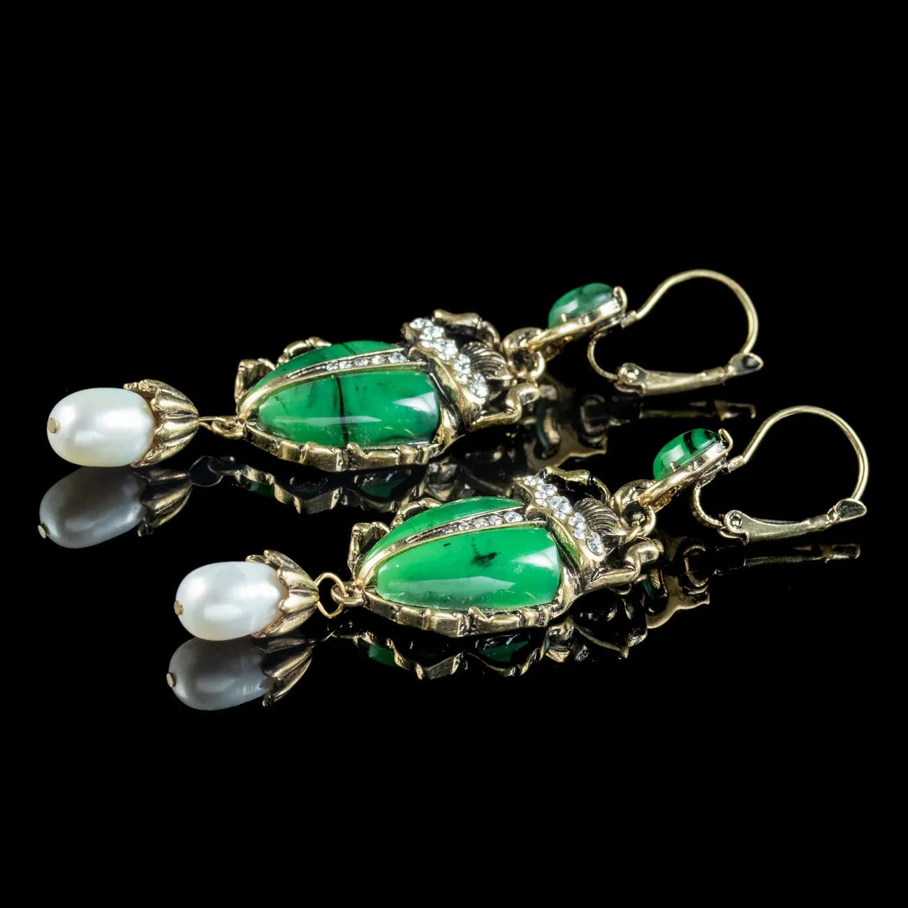 Vintage Egyptian Revival Scarab Drop Earrings Pearl Droppers
