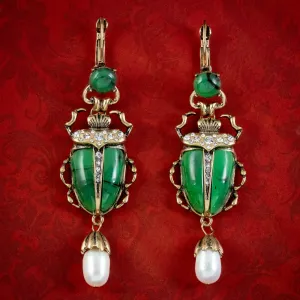 Vintage Egyptian Revival Scarab Drop Earrings Pearl Droppers