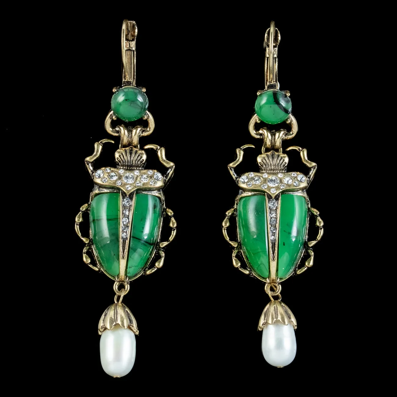 Vintage Egyptian Revival Scarab Drop Earrings Pearl Droppers