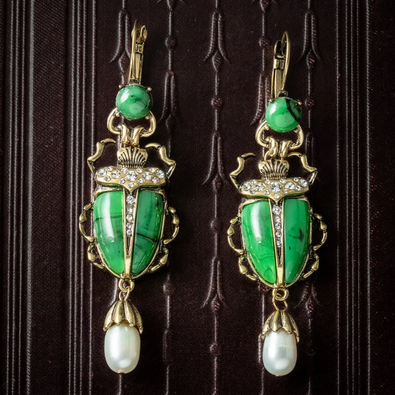 Vintage Egyptian Revival Scarab Drop Earrings Pearl Droppers