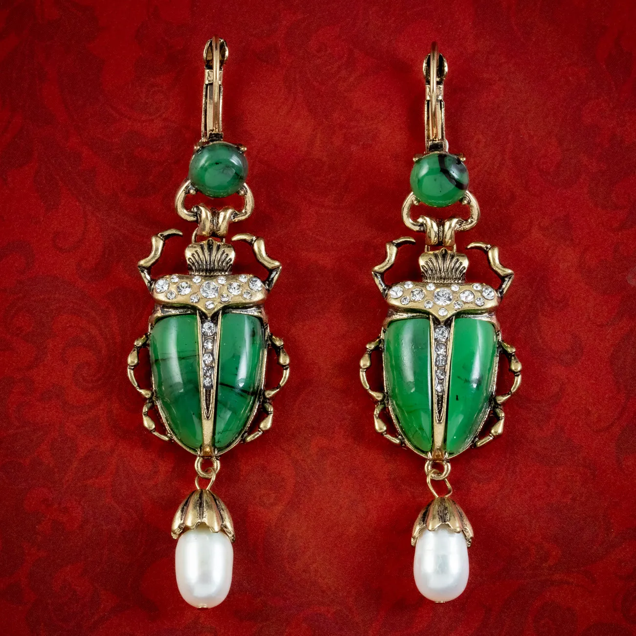 Vintage Egyptian Revival Scarab Drop Earrings Pearl Droppers