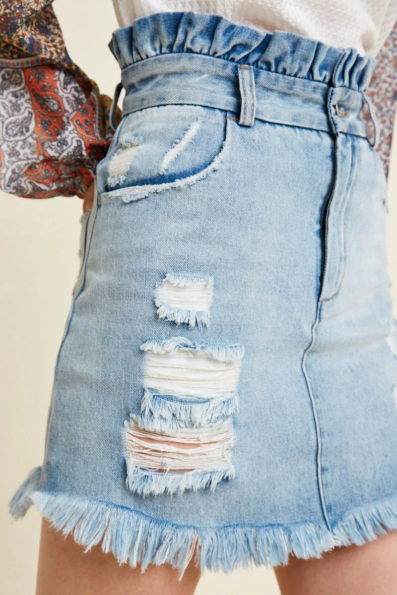 Womens Distressed Denim Paperbag Mini Skirt