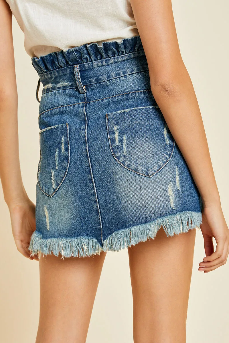 Womens Distressed Denim Paperbag Mini Skirt