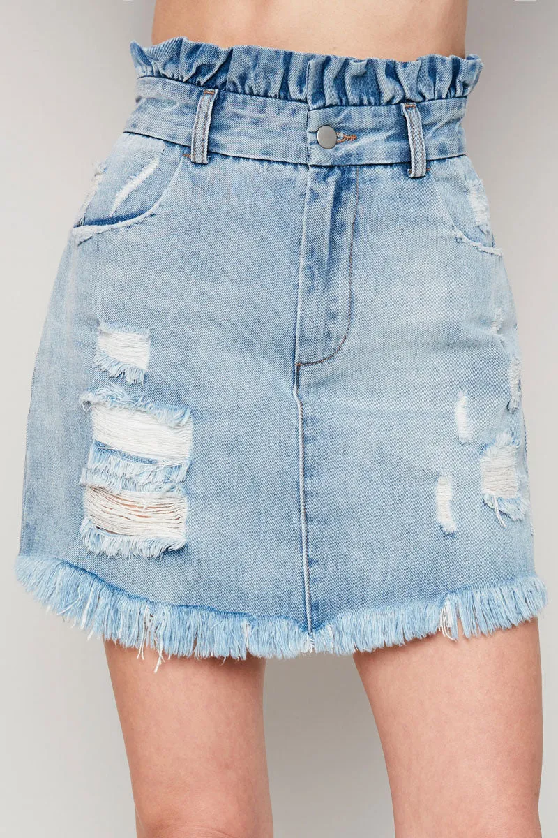 Womens Distressed Denim Paperbag Mini Skirt