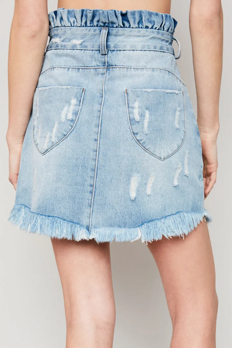 Womens Distressed Denim Paperbag Mini Skirt