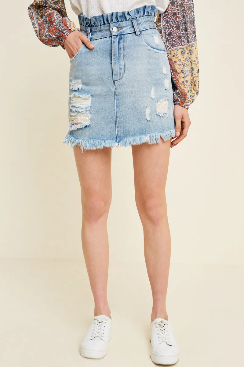 Womens Distressed Denim Paperbag Mini Skirt