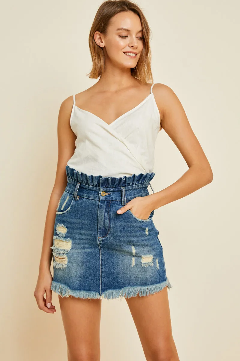 Womens Distressed Denim Paperbag Mini Skirt