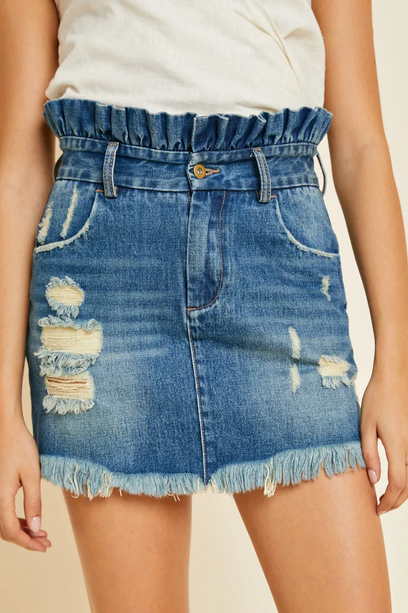 Womens Distressed Denim Paperbag Mini Skirt