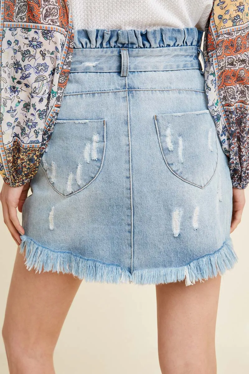 Womens Distressed Denim Paperbag Mini Skirt